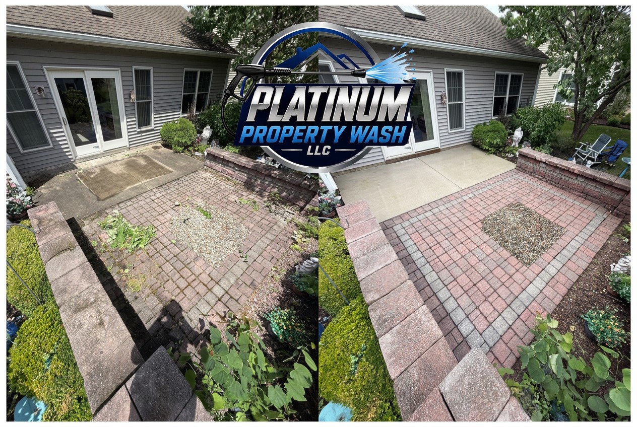 Brick paver patio soft-washed by Platinum Property Wash